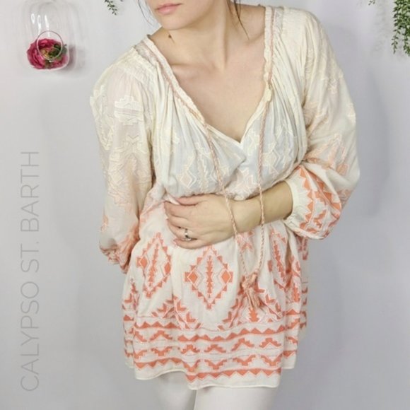 Calypso St. Barth Tops - CALYPSO ST BARTH aztec peasant blouse cream 1041